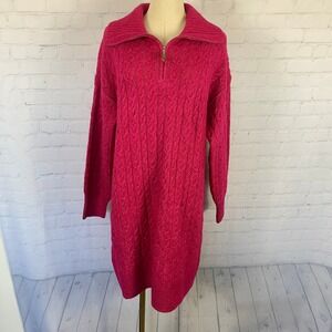 Hot Pink Cable Knit Collared Quarter Zip Bodycon Sweater Mini Dress Small
